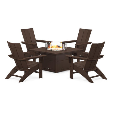 POLYWOOD Modern 5-Piece Curveback Adirondack Conversation Set w/ Fire Pit Table - Mahogany